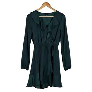 Express Ruffle Faux Wrap Solid Mini Dress Green Romantic Long Sleeve Size XS